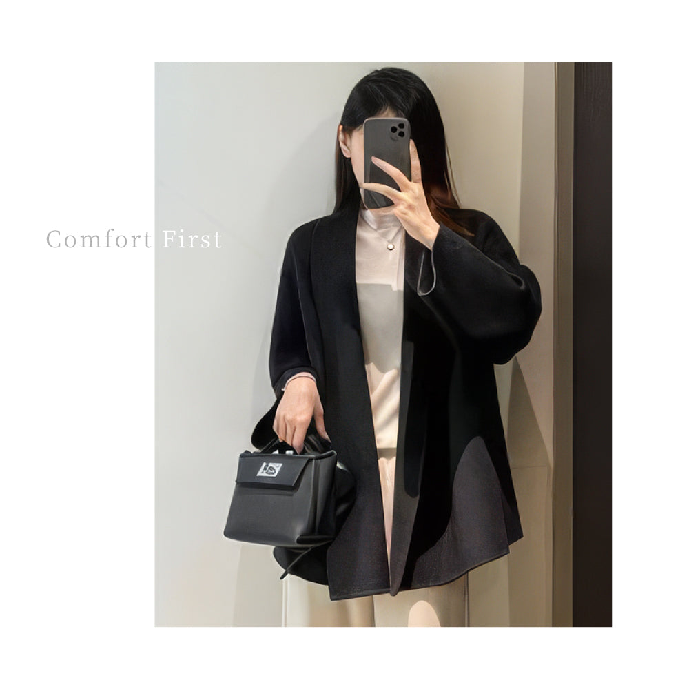 山羊絨羊毛翻領繫帶收腰輕奢女短版外套