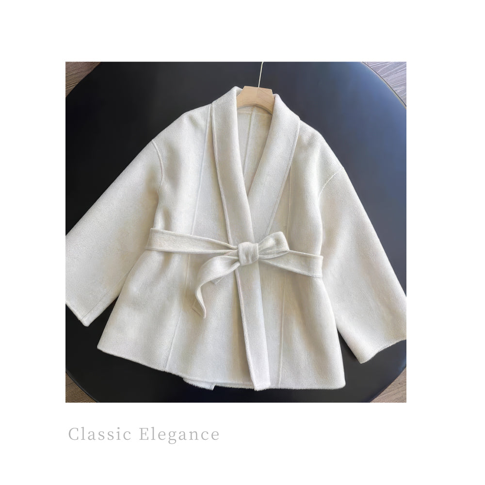 山羊絨羊毛翻領繫帶收腰輕奢女短版外套