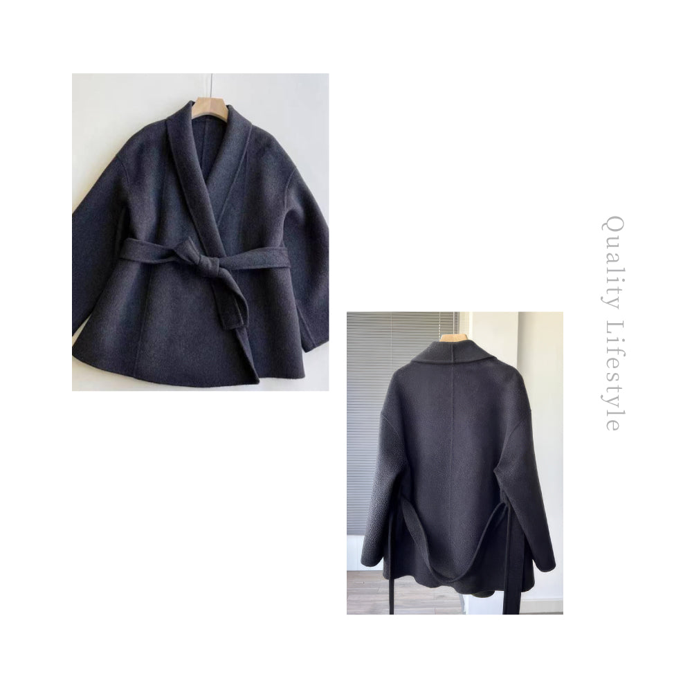 山羊絨羊毛翻領繫帶收腰輕奢女短版外套