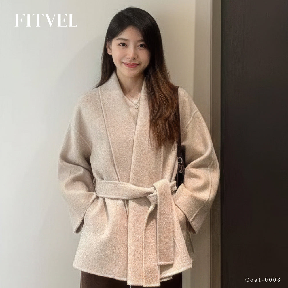 山羊絨羊毛翻領繫帶收腰輕奢女短版外套