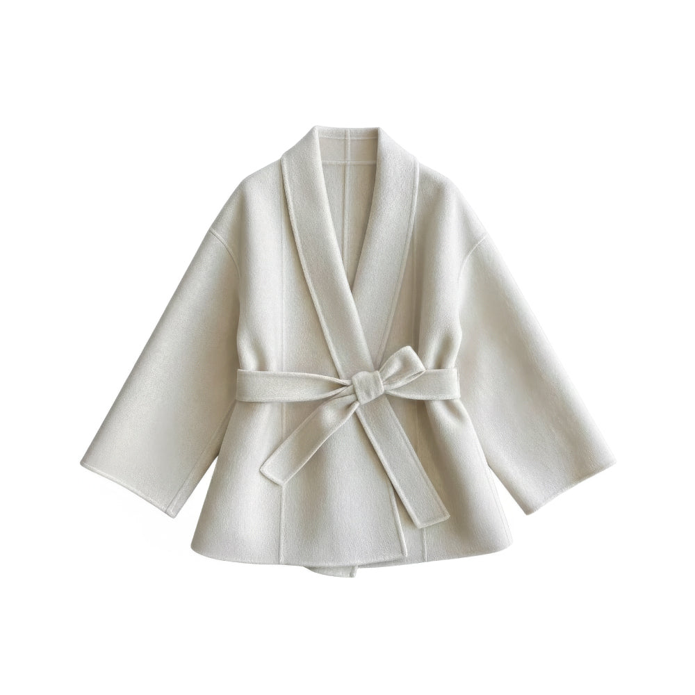 山羊絨羊毛翻領繫帶收腰輕奢女短版外套