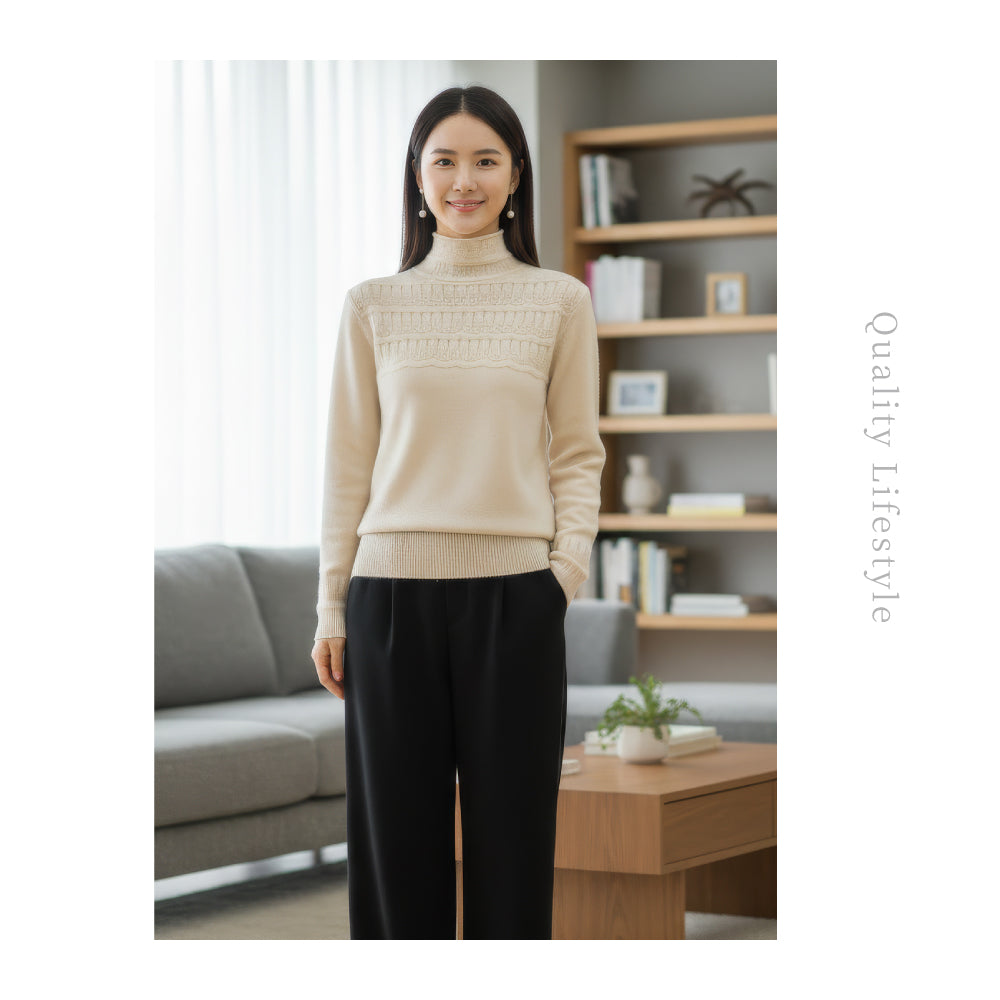 頂級綿羊毛鏤空鉤花款高領衫